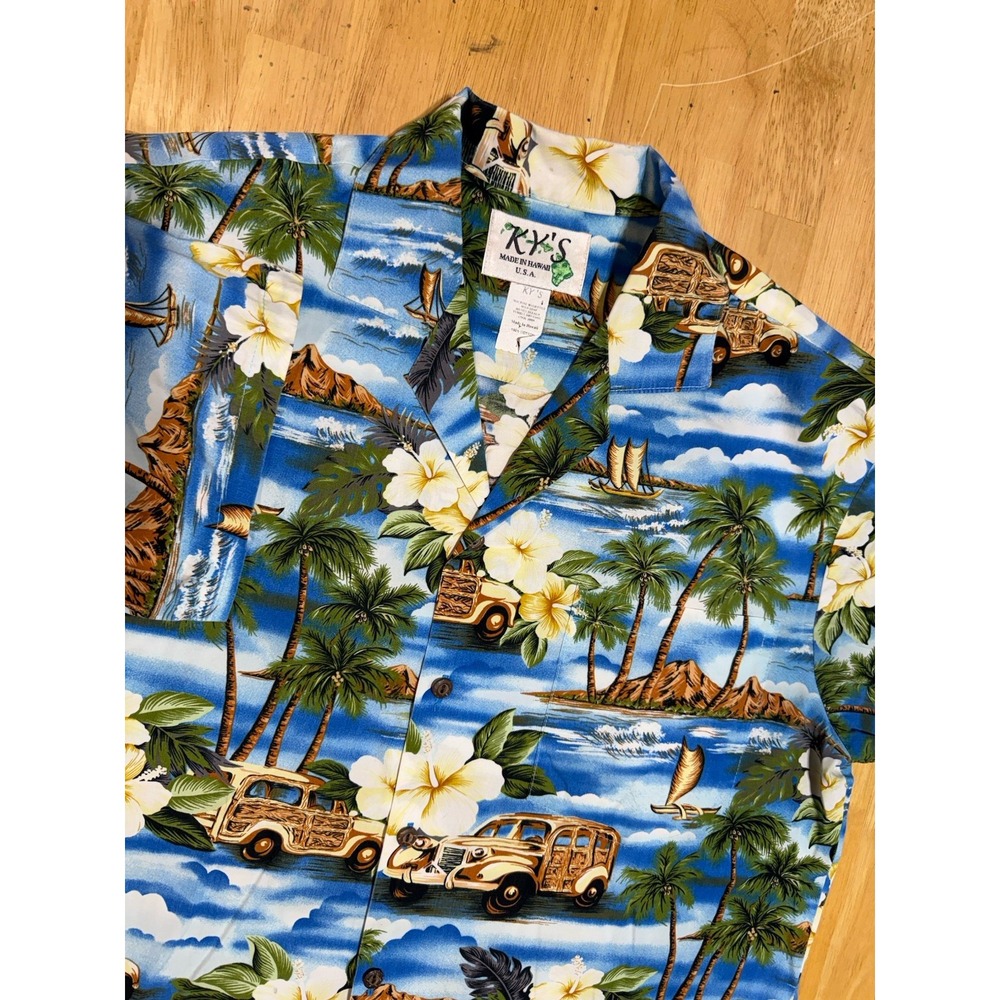Vintage KY's Hawaiian Shirt Mens M Blue Woody Car Cotton Aloha Made in Hawaii